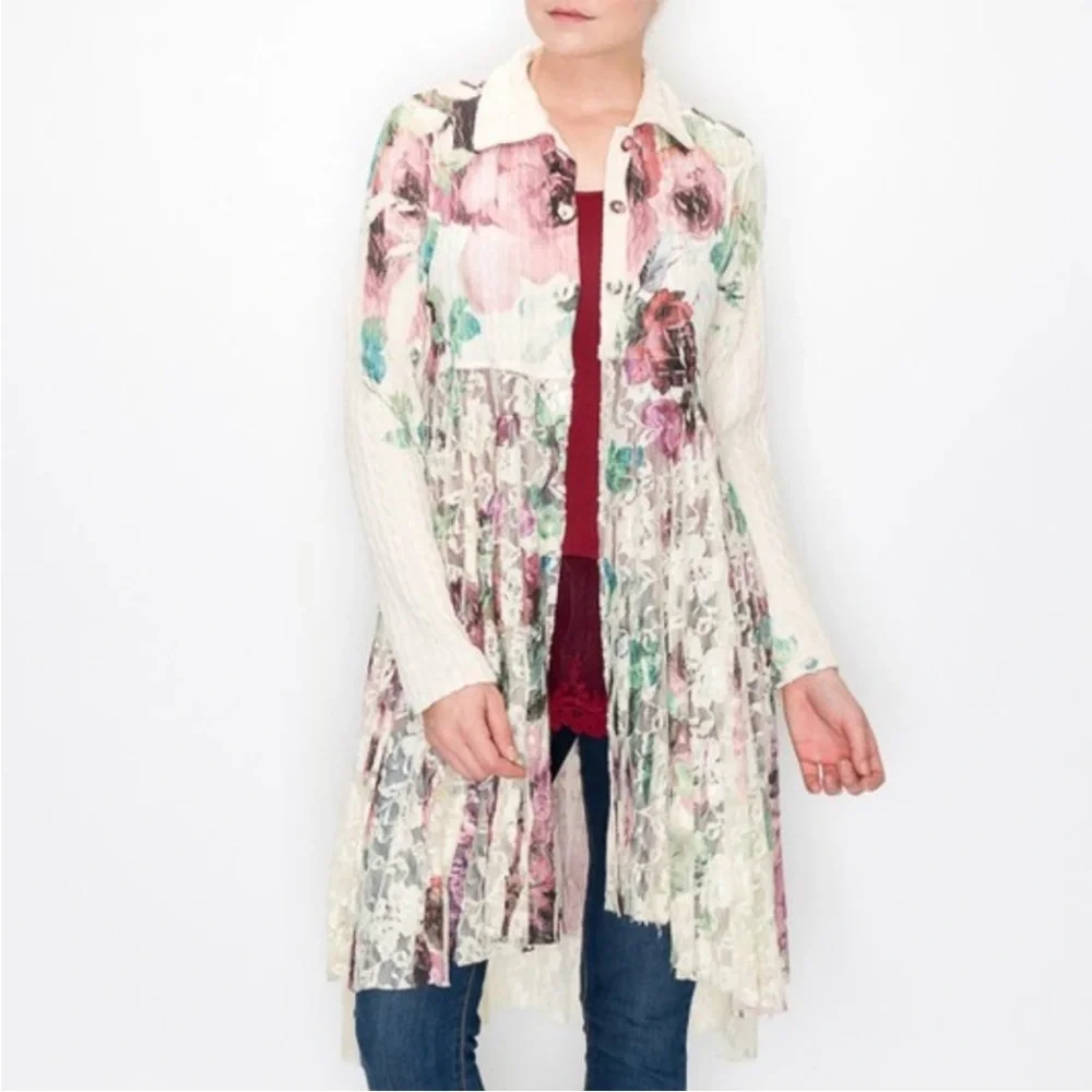 ORIGAMI SWEATER CARDIGAN DUSTER floral big rose lace boho western Size 2 XL - Picture 1 of 9